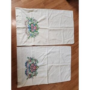 Vintage Embroidered Cross Stitch Floral  RosesBouquet Pillow Cases Handmade